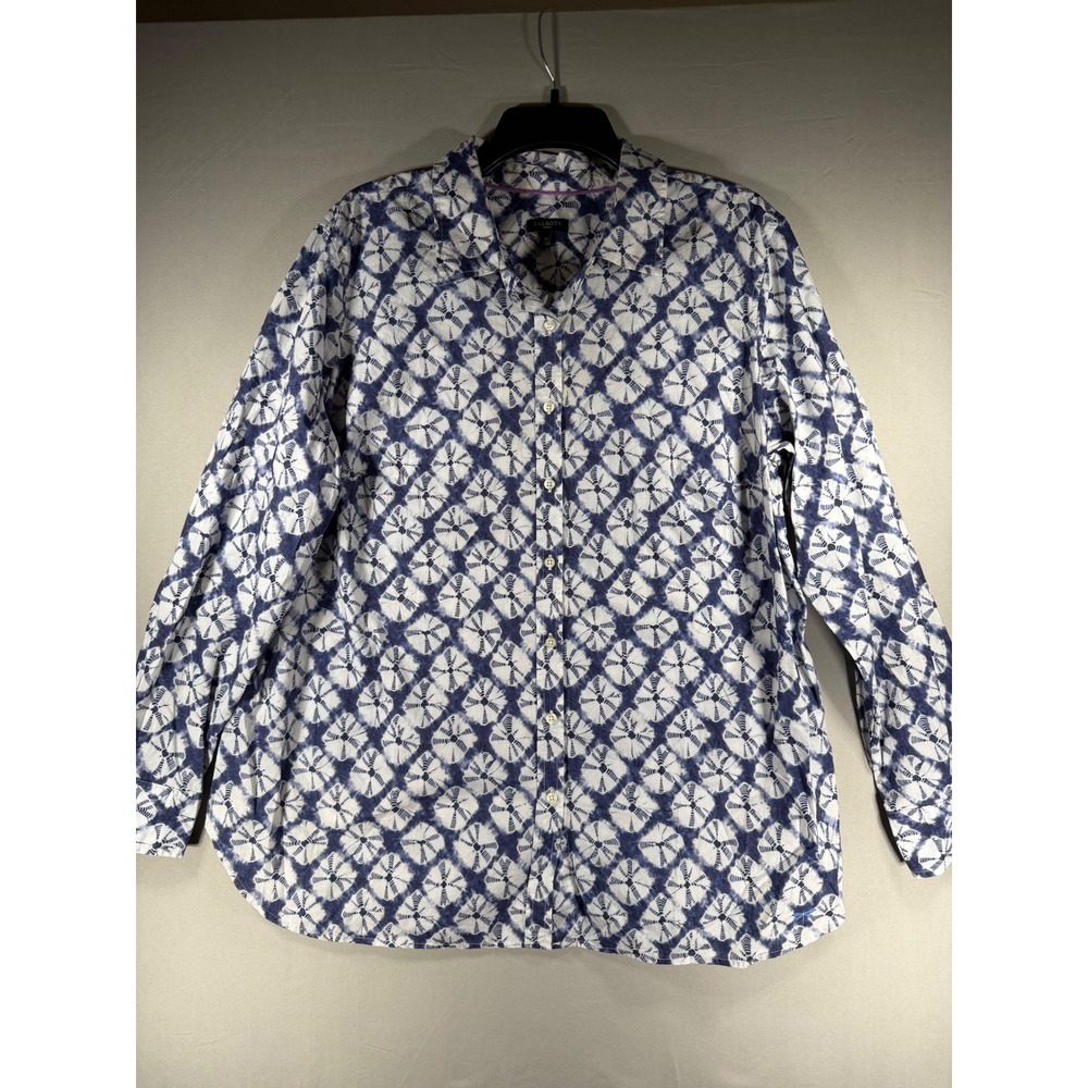 Talbots Woman Blue White Tie Dye Geometric Cotton Button Down Shirt Blouse 1X